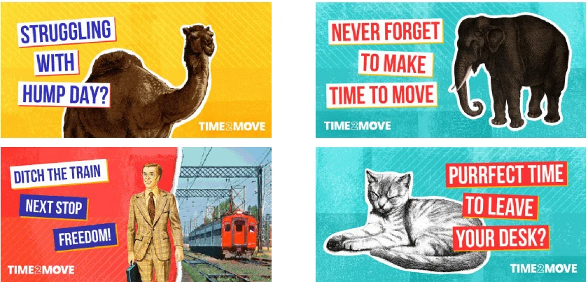 Four Time2Move social posts: a camel asking about hump day, an elephant, a commuter beside a train, and a cat