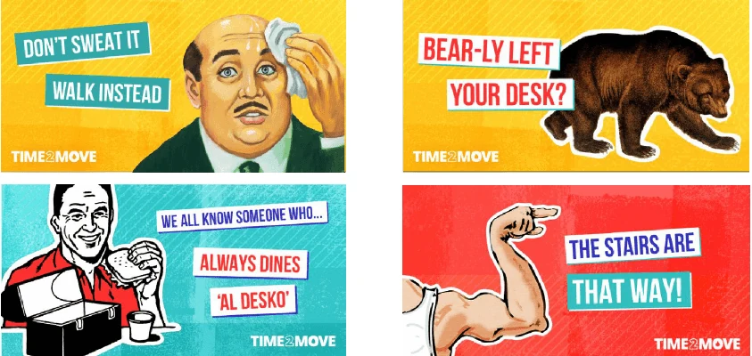 Four Time2Move social posts: a sweating man, a bear, a lunchbox sandwich eater and a flexed arm pointing to the stairs