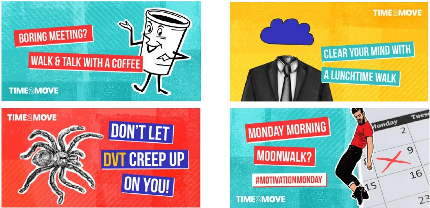 Four Time2Move social posts: a coffee cup character, a cloud-headed suit, a spider warning about DVT, and a moonwalker on a Monday calendar