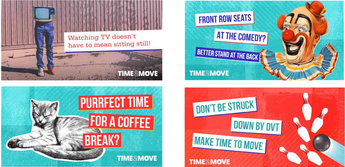 Four Time2Move social posts: a TV-headed figure, a clown, a cat on a coffee break and bowling pins