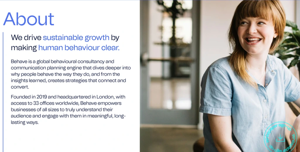 Behave website About section: “We drive sustainable growth by making human behaviour clear”, beside a smiling woman