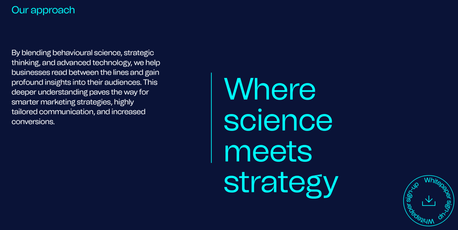 Behave website “Our approach” section: “Where science meets strategy” on a dark navy background
