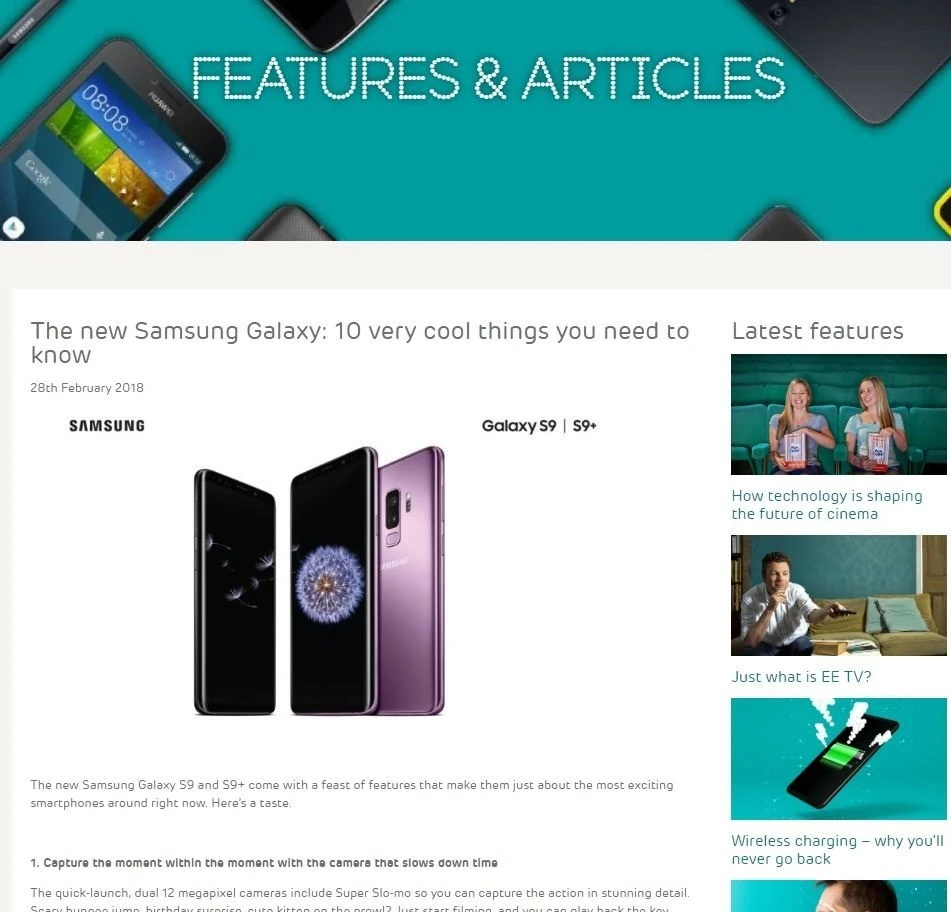 EE’s Features & Articles page: an article on the new Samsung Galaxy S9 with a sidebar of the latest features