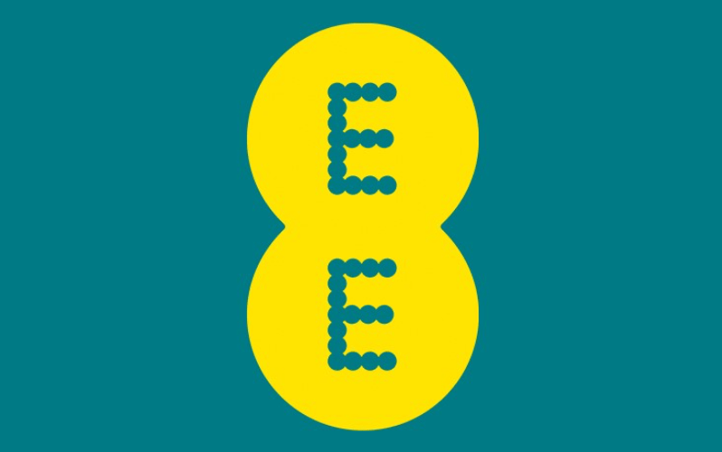 EE logo: a yellow double-circle mark with two E shapes on a teal background