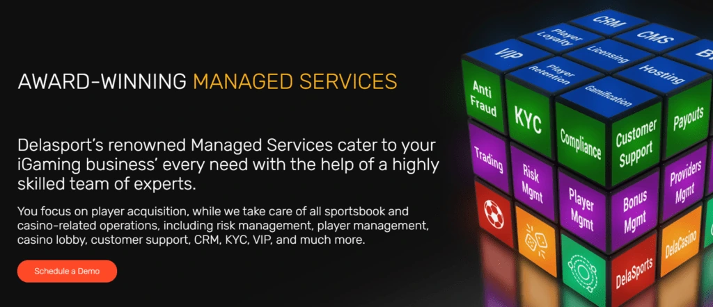 Delasport website page: “Award-winning managed services”, beside a cube of service labels such as KYC, compliance and payouts