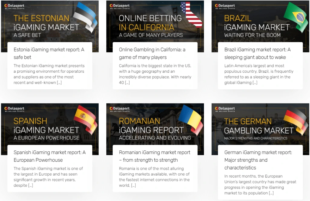 Delasport market reports page: cards for the Estonian, California, Brazilian, Spanish, Romanian and German iGaming markets