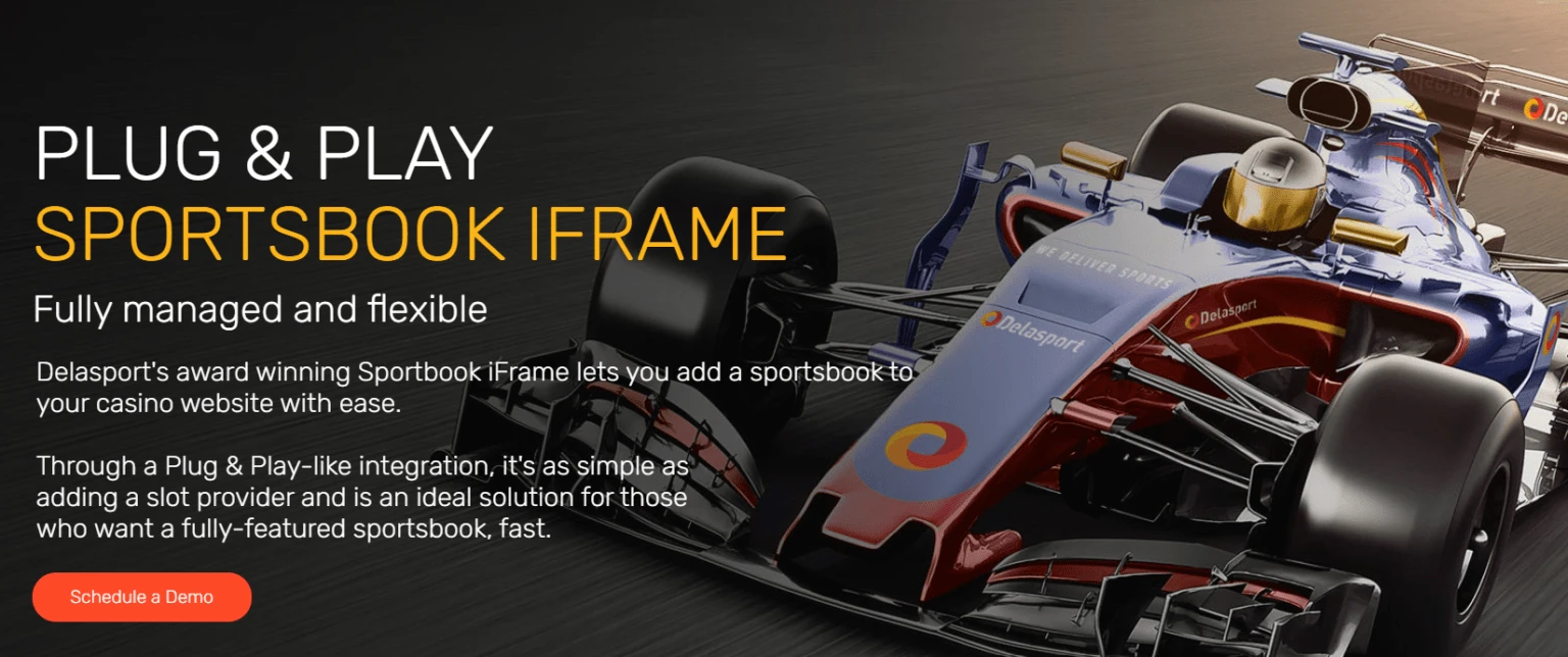 Delasport website page: “Plug & Play sportsbook iFrame”, beside a Delasport-branded racing car