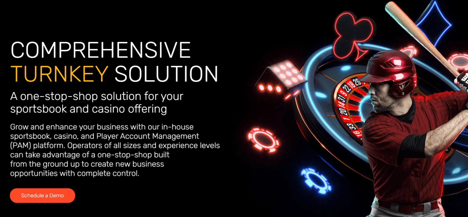 Delasport website page: “Comprehensive turnkey solution”, a one-stop-shop for sportsbook and casino offerings, beside a baseball batter and casino chips
