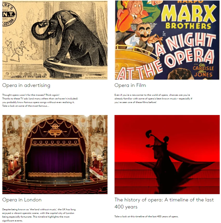 Grid of ENO articles: Opera in advertising, Opera in Film, Opera in London, The history of opera