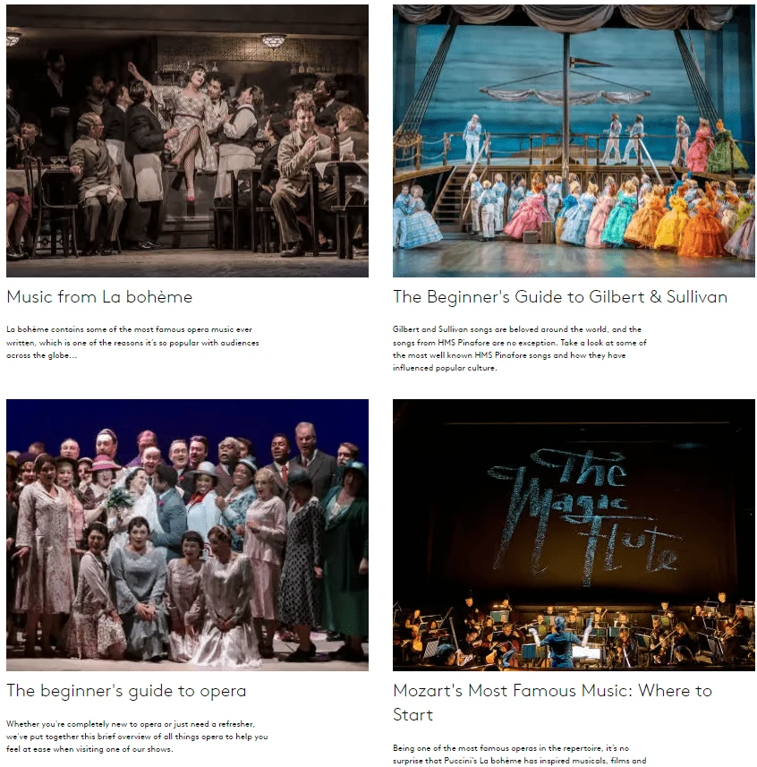 Grid of ENO articles: Music from La bohème, Beginner’s Guide to Gilbert & Sullivan, The beginner’s guide to opera, Mozart’s Most Famous Music