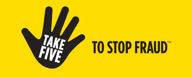Take Five to Stop Fraud logo: a black hand with the words Take Five, on yellow