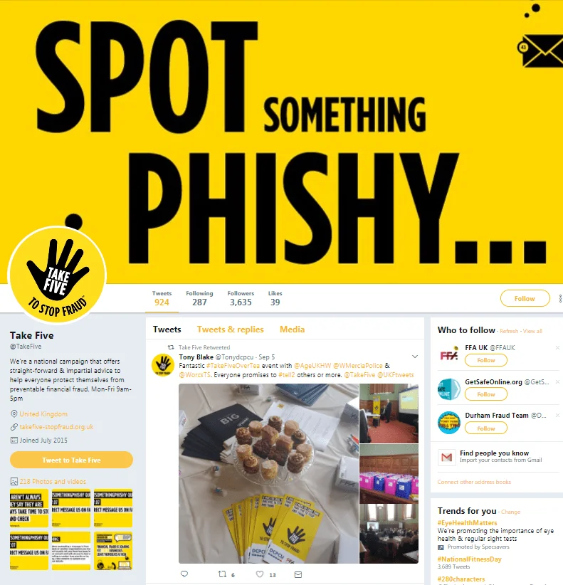 The Take Five Twitter profile, with a “Spot something phishy…” header