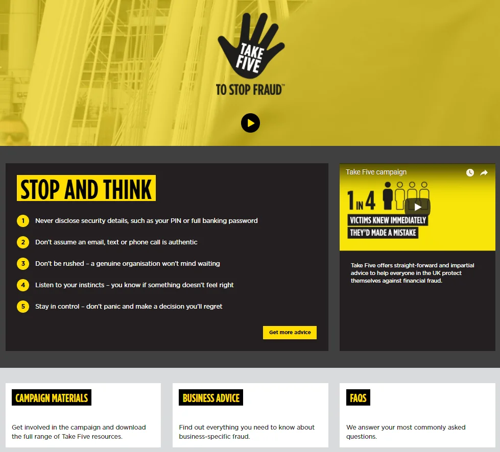 The Take Five website homepage: “Stop and think”, with five tips and the campaign film