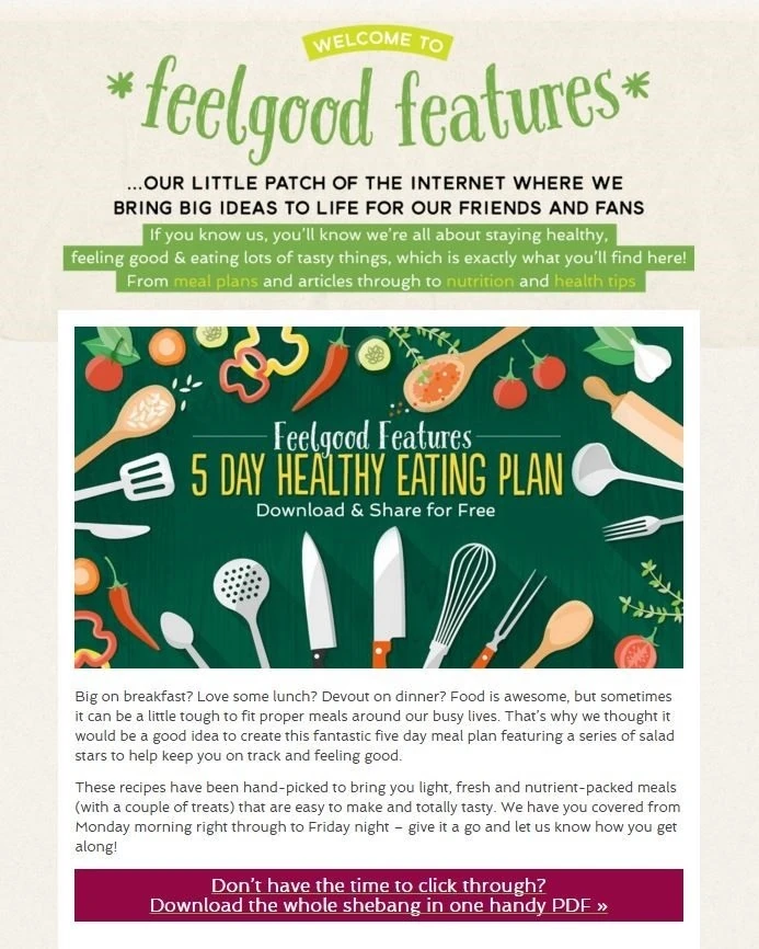 The Florette Feelgood Features page for a free 5 day healthy eating plan, with an intro to the salad-based meal plan and a button to download the PDF