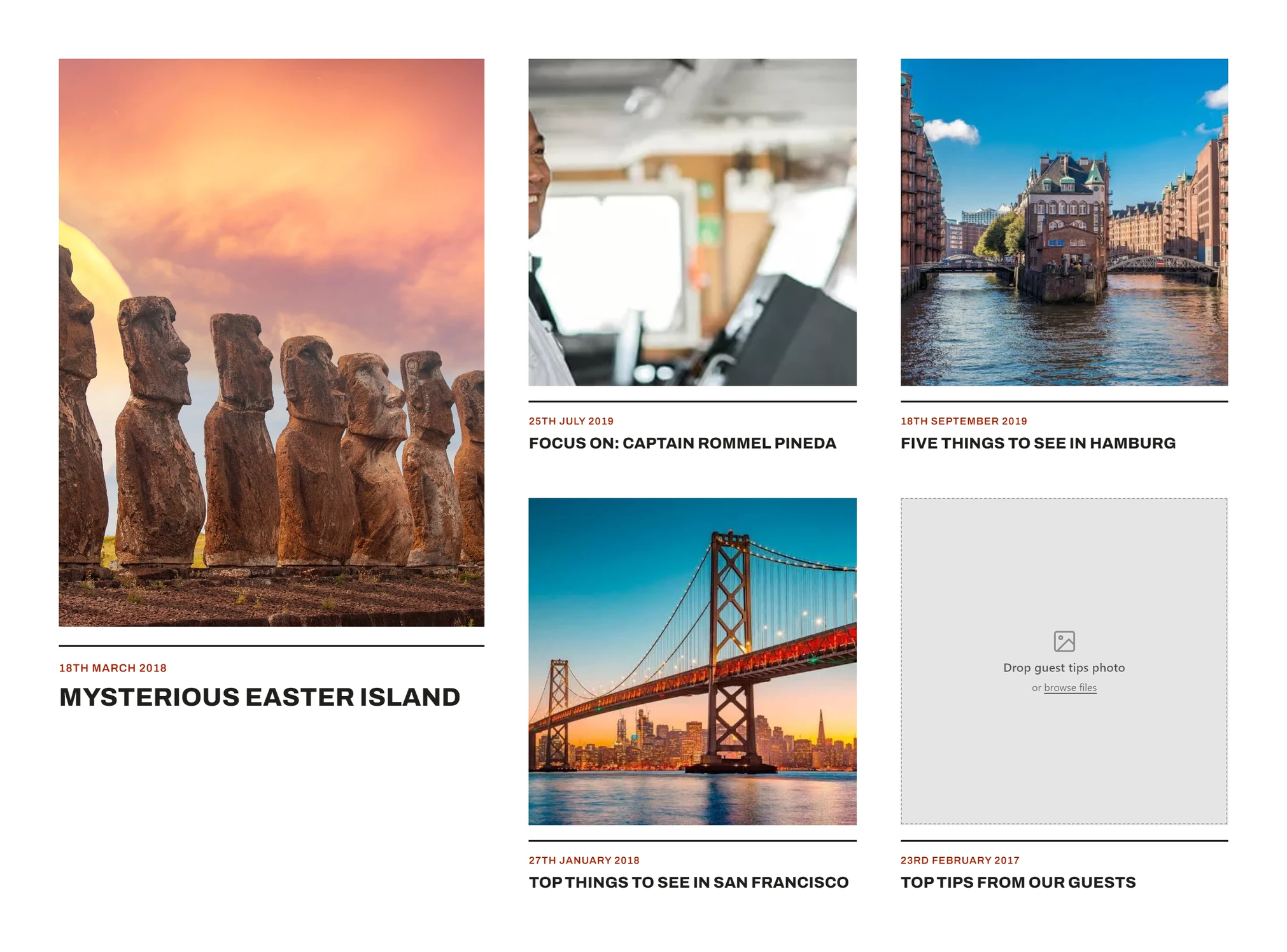 Fred. Olsen Cruise Lines travel articles: Mysterious Easter Island, Focus on Captain Rommel Pineda, Five things to see in Hamburg, Top things to see in San Francisco, and Top tips from our guests