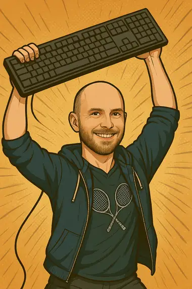 Henry Walker holding a keyboard aloft