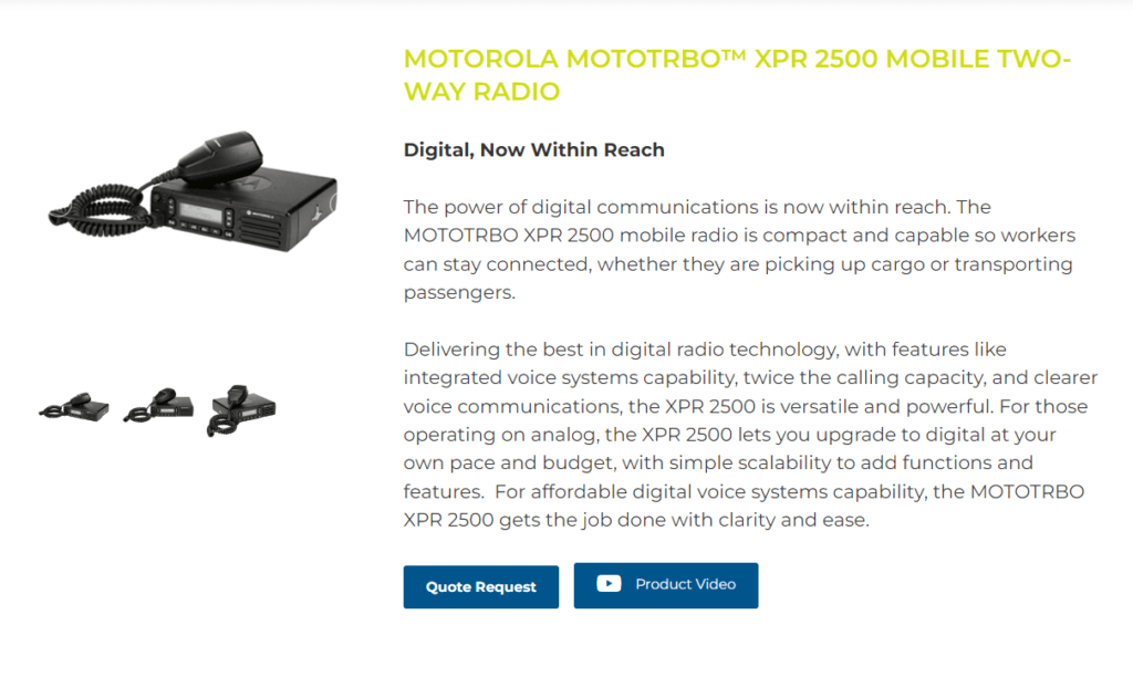 Motorola MOTOTRBO XPR 2500 mobile two-way radio product page: “Digital, Now Within Reach”