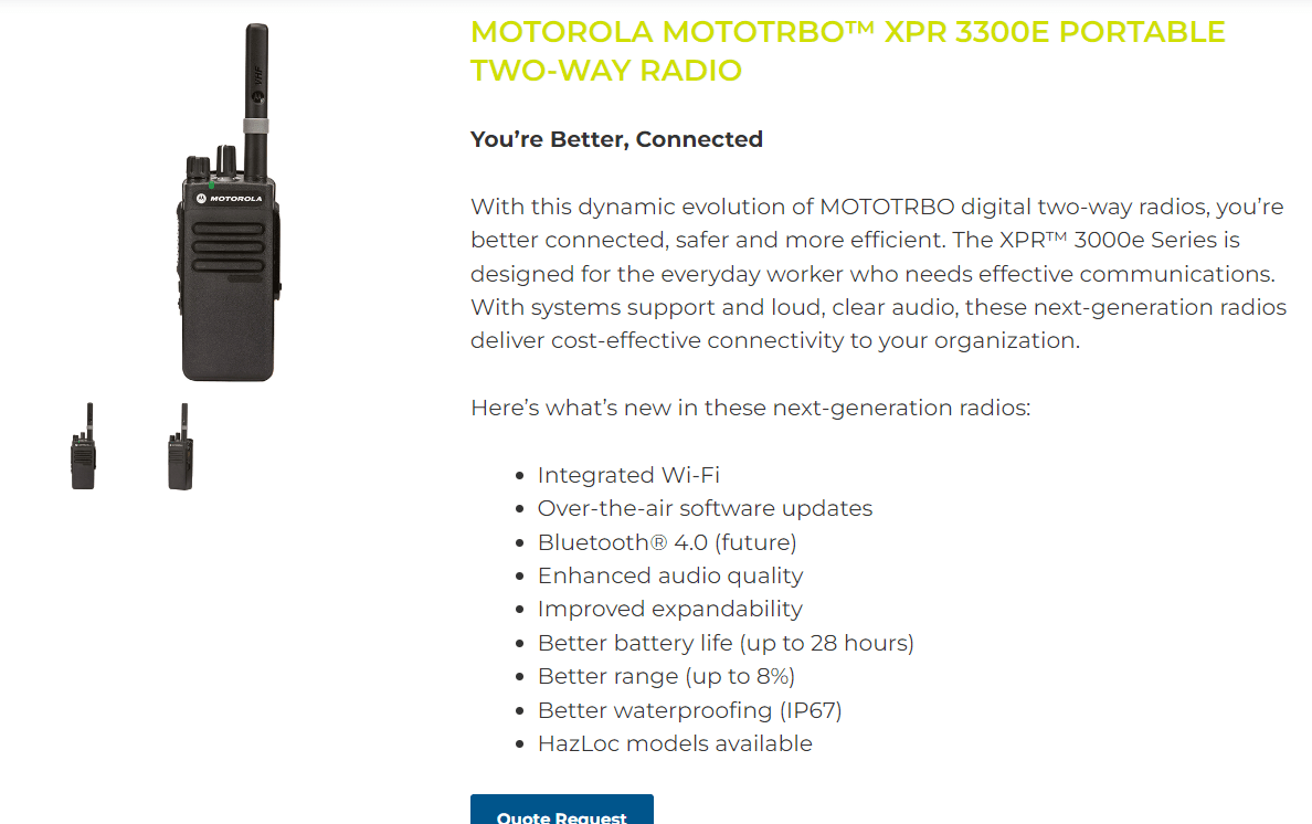Motorola MOTOTRBO XPR 3300E portable two-way radio product page: “You’re Better, Connected”, with a feature list including Wi-Fi, over-the-air updates and IP67 waterproofing