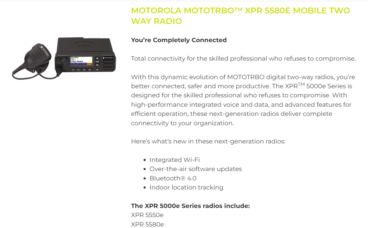 Motorola MOTOTRBO XPR 5580E mobile two-way radio product page: “You’re Completely Connected”, with what’s new in the 5000e series