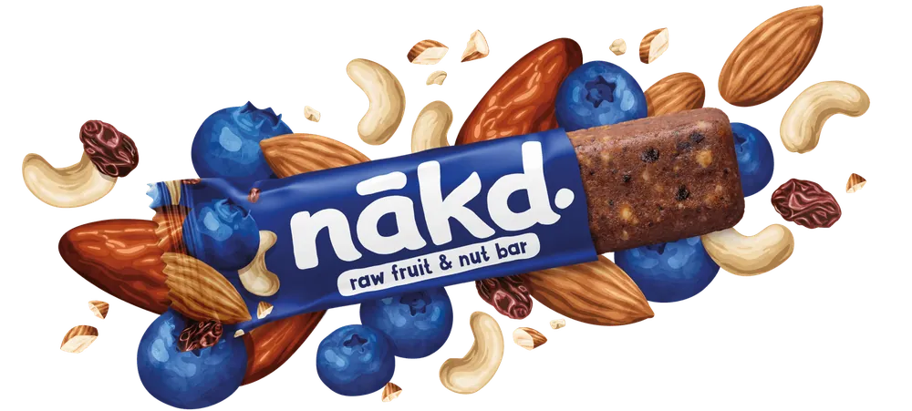Nakd raw fruit and nut bar surrounded by blueberries, almonds and cashews