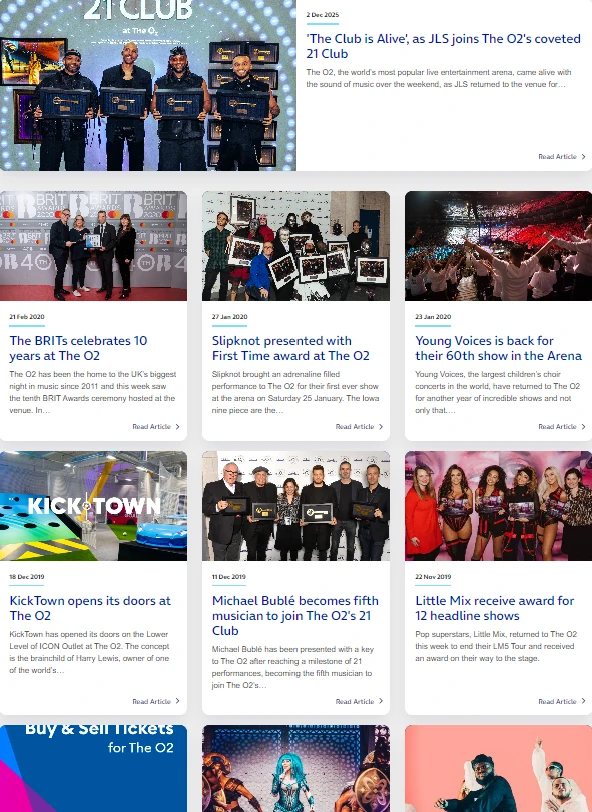 Screenshot showing O2 blog articles about live music, awards and events at The O2