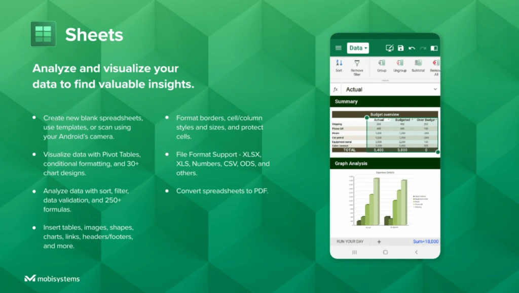 OfficeSuite app store graphic for Sheets: “Analyze and visualize your data to find valuable insights”