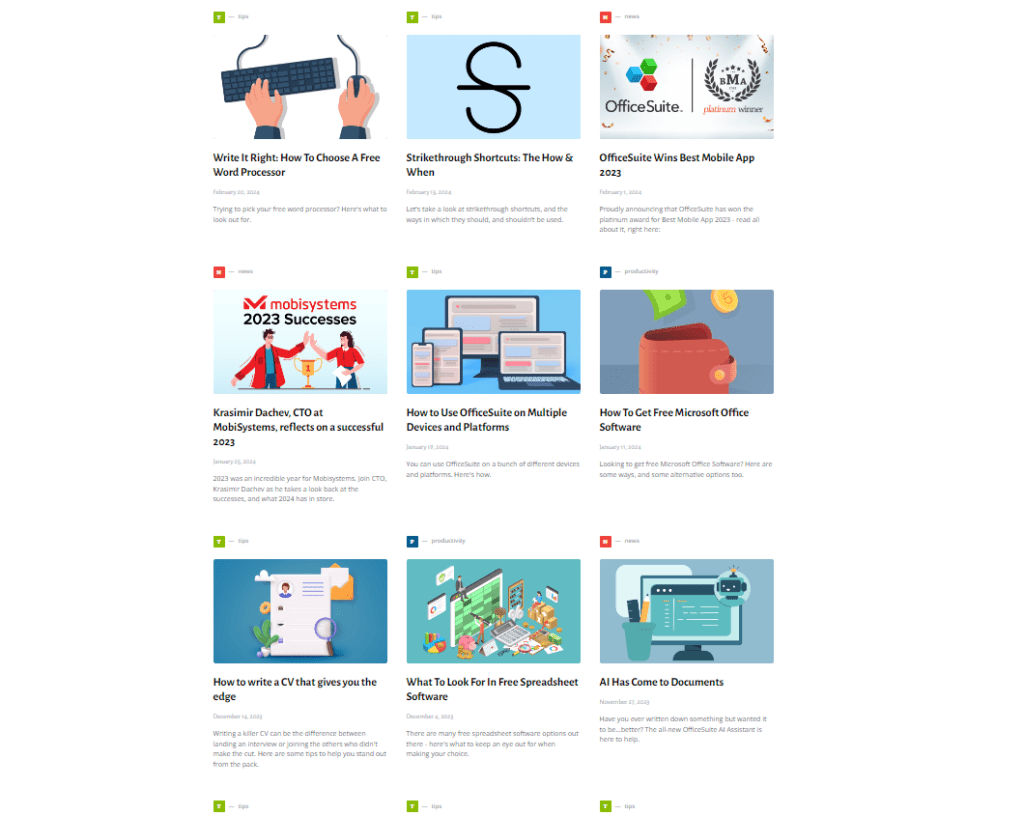 The OfficeSuite Insider blog: a grid of articles covering tips, news and productivity