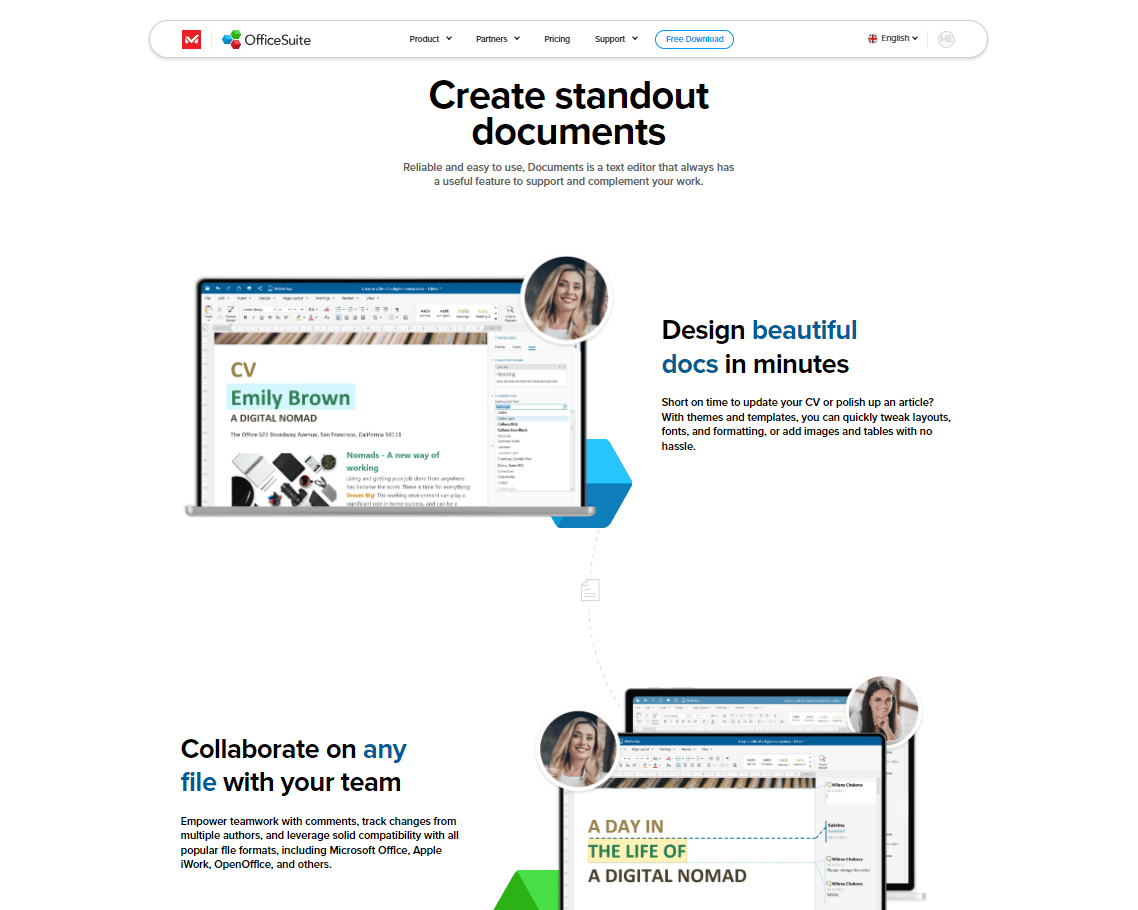 OfficeSuite website Documents page: “Create standout documents”