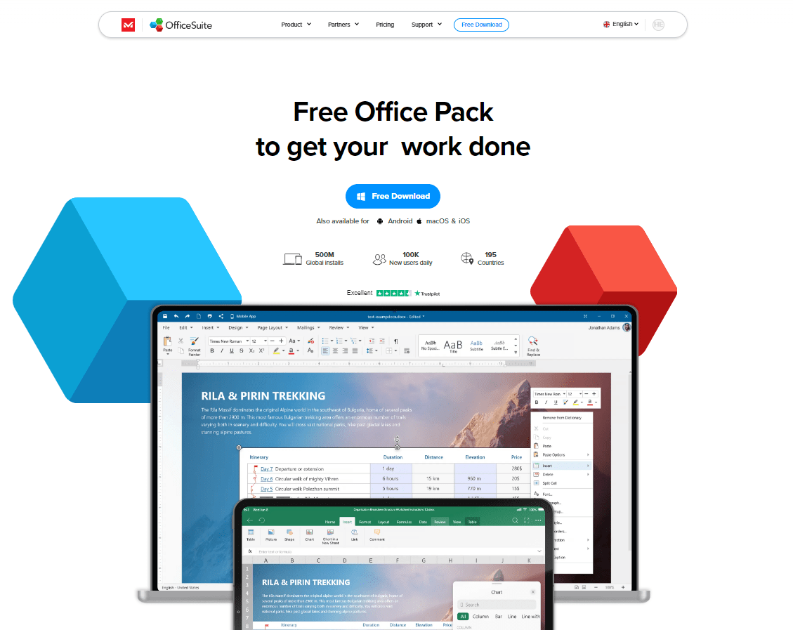 OfficeSuite website homepage: “Free Office Pack to get your work done”