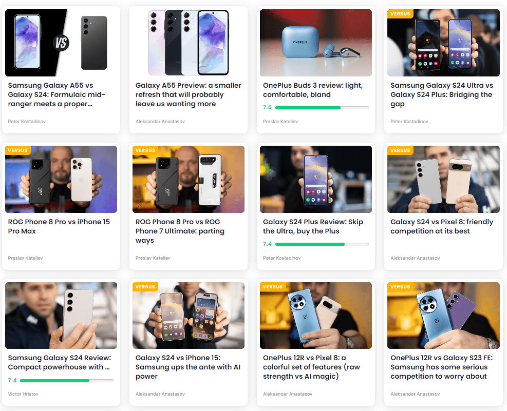 A grid of PhoneArena reviews and comparison articles, including Samsung Galaxy S24, OnePlus 12R and ROG Phone 8 Pro
