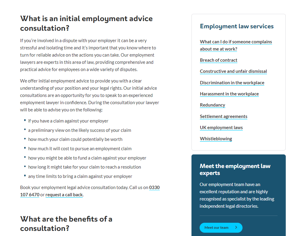 Slater and Gordon employment advice page: what an initial employment advice consultation is, with a list of employment law services
