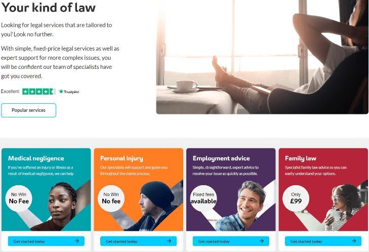 Slater and Gordon homepage section “Your kind of law”, with cards for medical negligence, personal injury, employment advice and family law