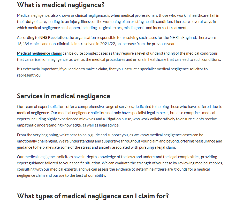 Slater and Gordon medical negligence page: what medical negligence is, and the services offered