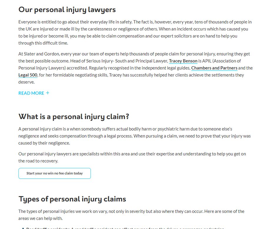 Slater and Gordon personal injury lawyers page: what a personal injury claim is, and the types of claim