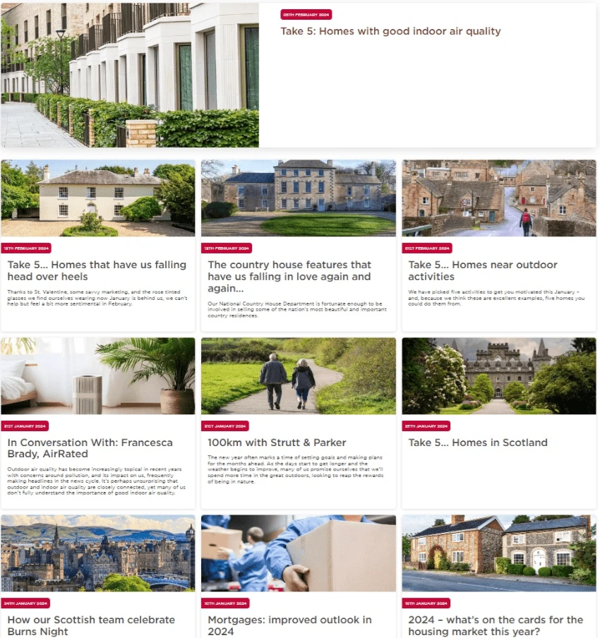 The Strutt & Parker journal: articles such as Take 5 homes with good indoor air quality, country house features, and mortgage news, each with an image