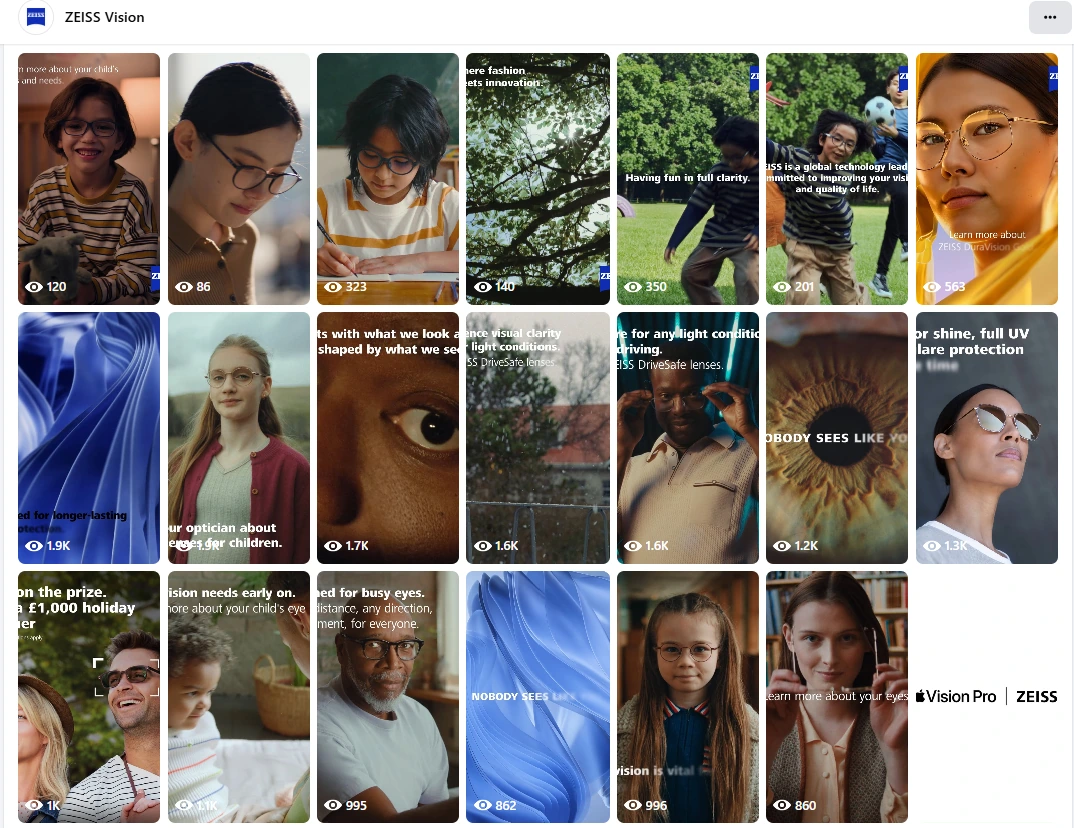 The ZEISS Vision Facebook reels page: a grid of portrait video thumbnails showing children and adults in glasses, close-ups of eyes and lens graphics, with view counts